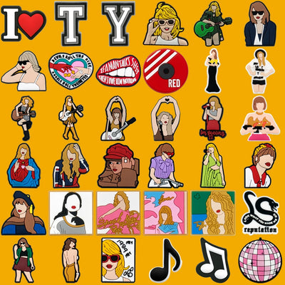 Collection of colorful shoe charms and text on a yellow background