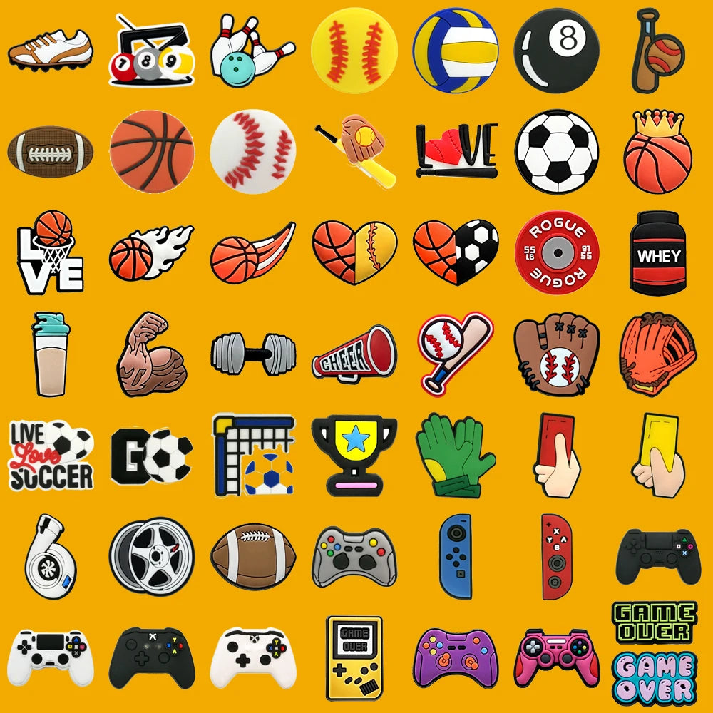 Collection of sports-themed and gaming-themed shoe charms on a yellow background