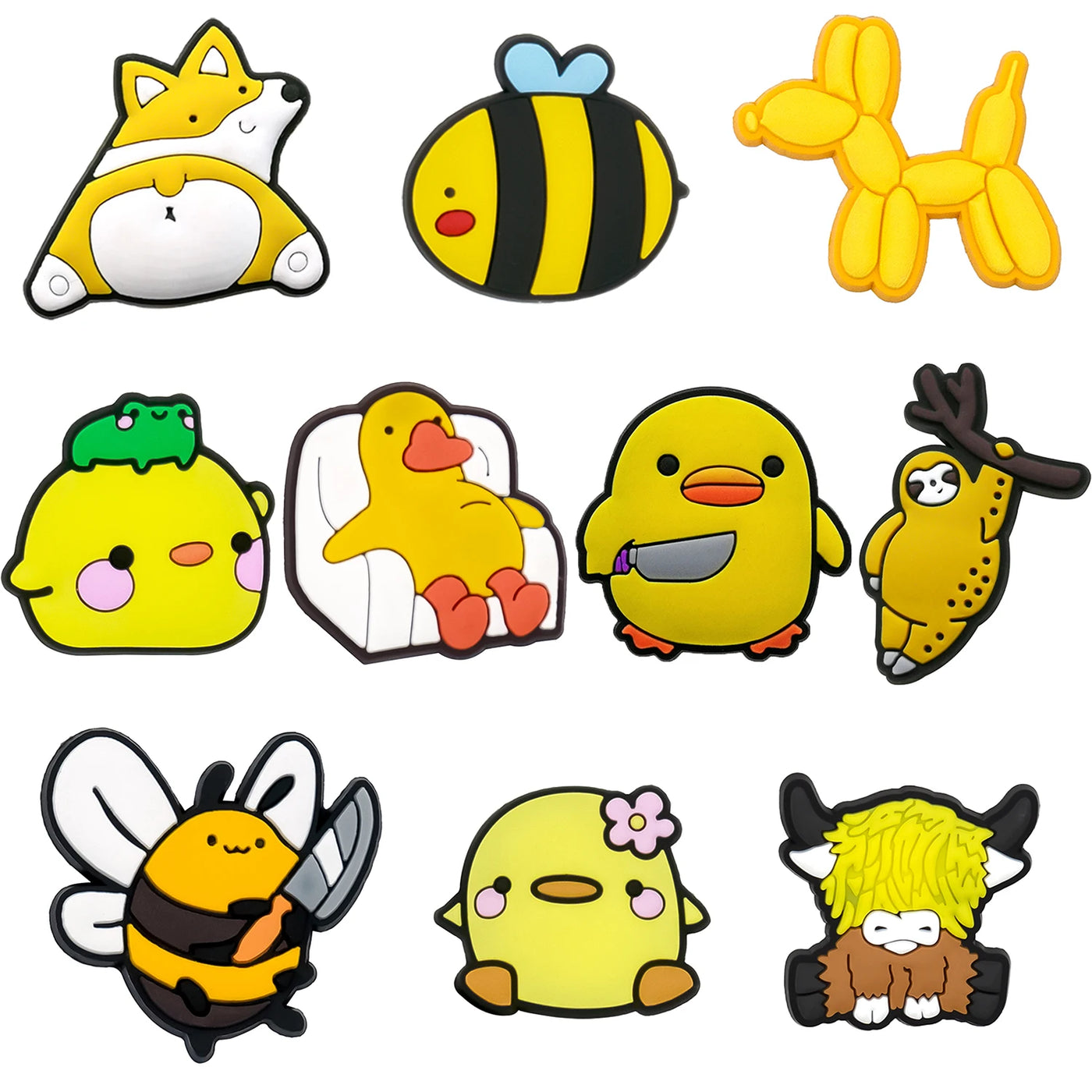 Collection of colorful cartoon character shoe charms on a white background