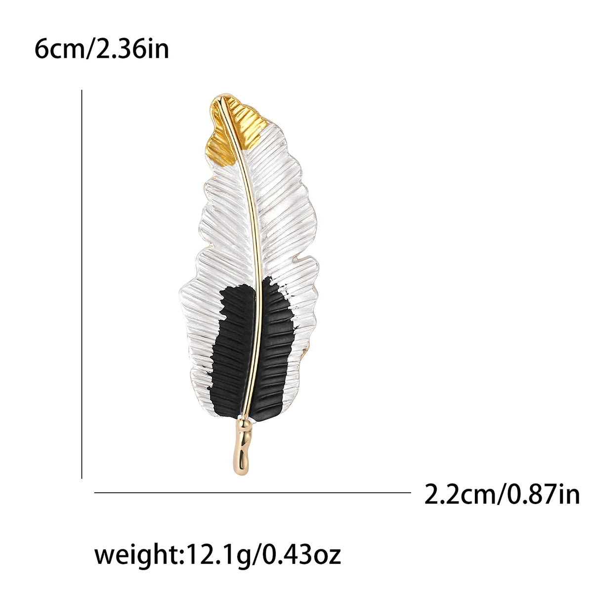 Feather-shaped brooch with measurements and weight details on a white background