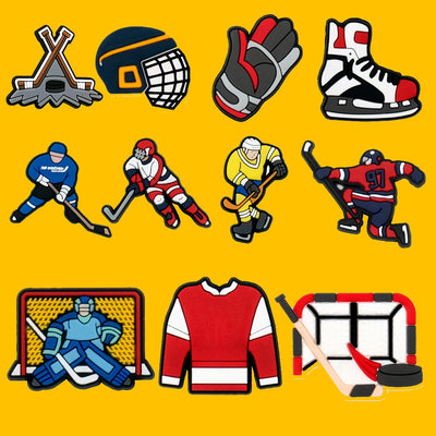 Collection of hockey-themed charms on a yellow background 