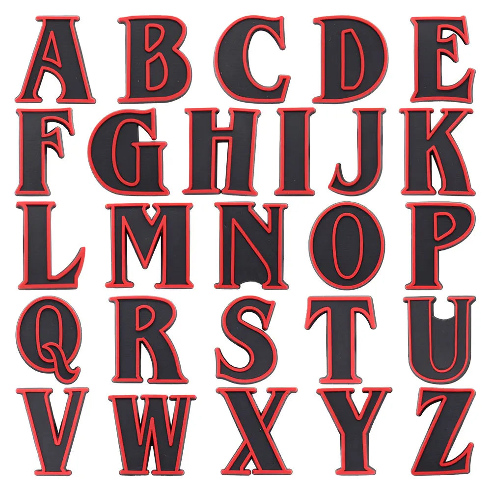 shoe charms Black and red letters of the alphabet on a white background