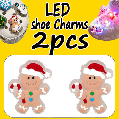 LED shoe charms with gingerbread man design on a yellow background