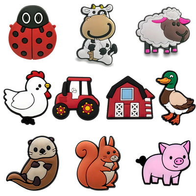 Set of colorful animal and object-shaped shoe charms on a white background