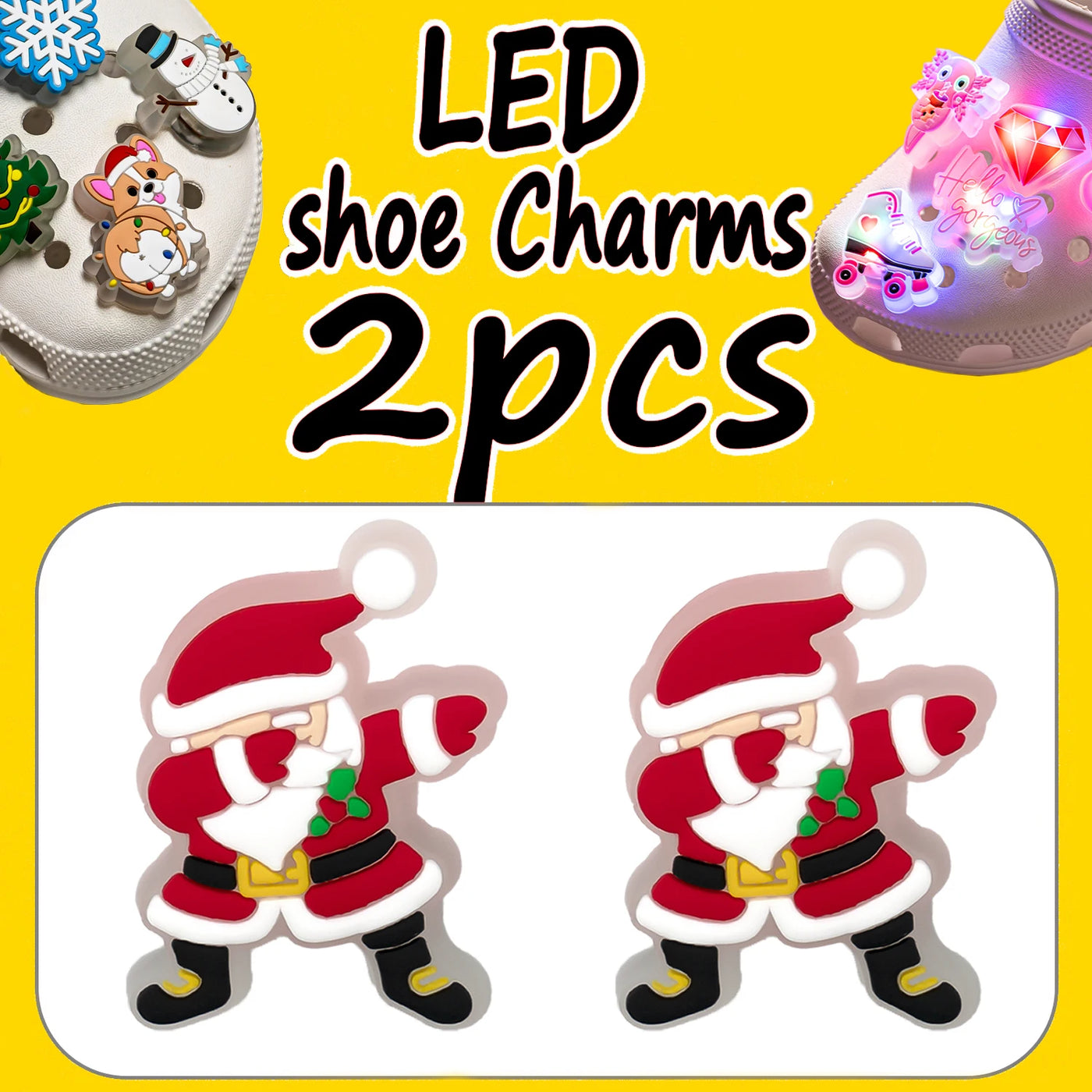 LED shoe charms with Santa Claus design on a yellow background