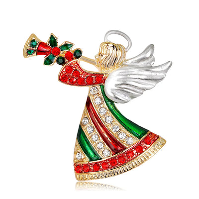 Decorative angel keychain with red, green, and gold colors on a white background