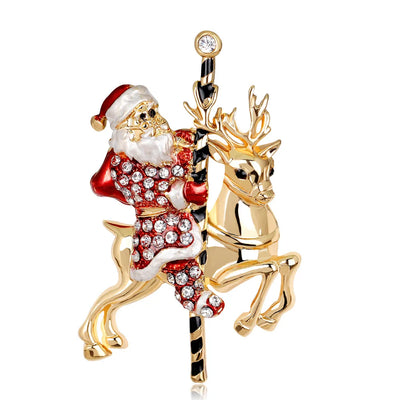 Decorative brooch with Santa Claus and reindeer design on a white background
