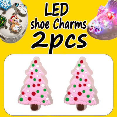 LED shoe charms with Christmas tree design on a yellow background