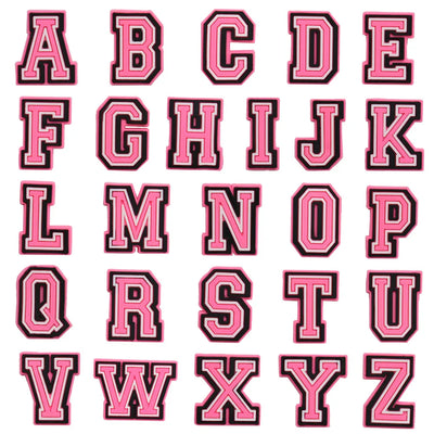 shoe charms Pink letters of the alphabet with black outlines on a white background