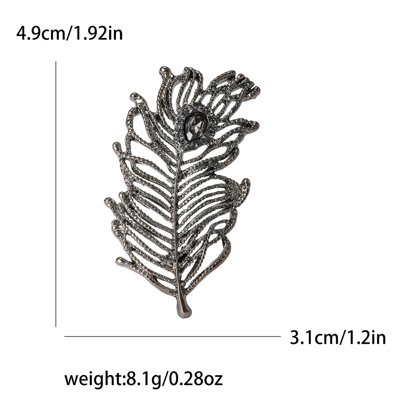 Silver leaf-shaped brooch with measurements and weight displayed on a white background