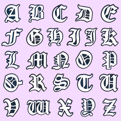 shoe charms Alphabet letters in a decorative font on a light purple background