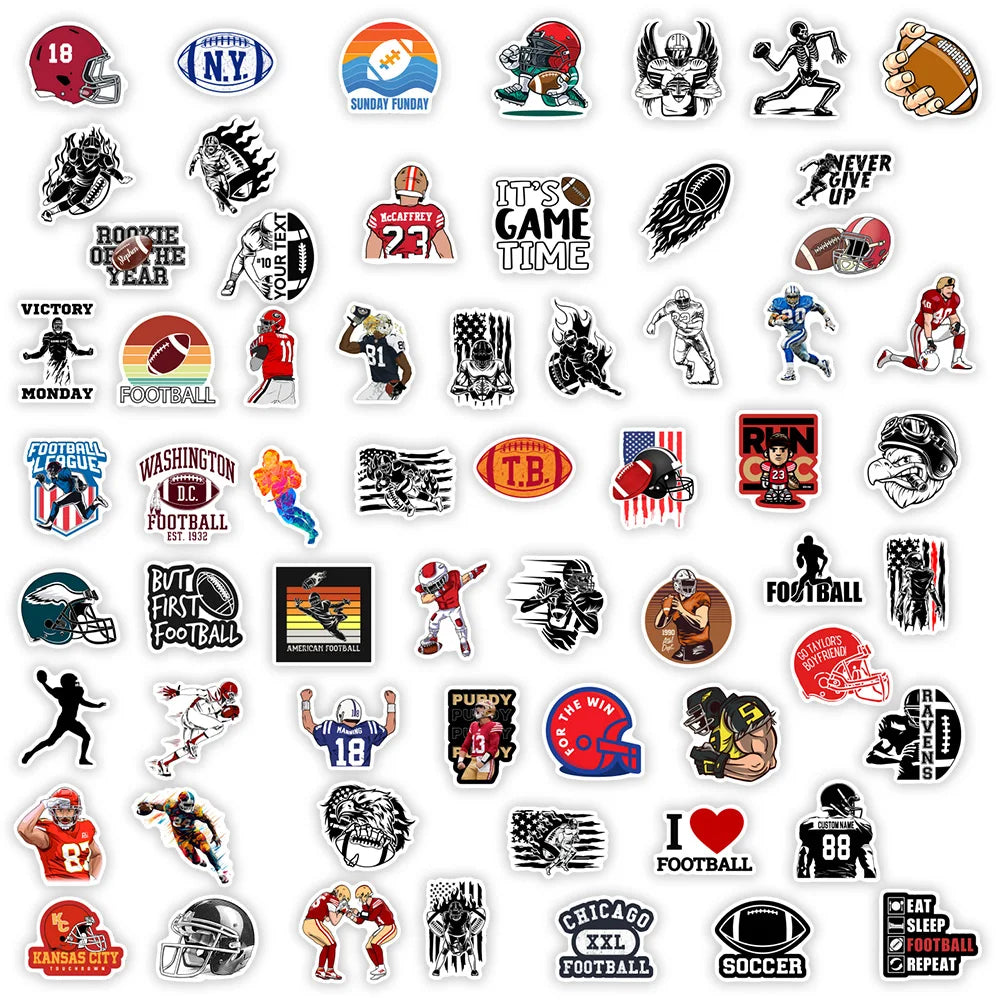 Collection of football-themed stickers on a white background