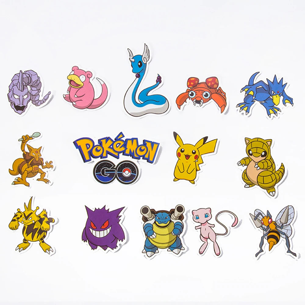 Collection of colorful cartoon characters stickers and the 'Pokémon Go' logo on a white background