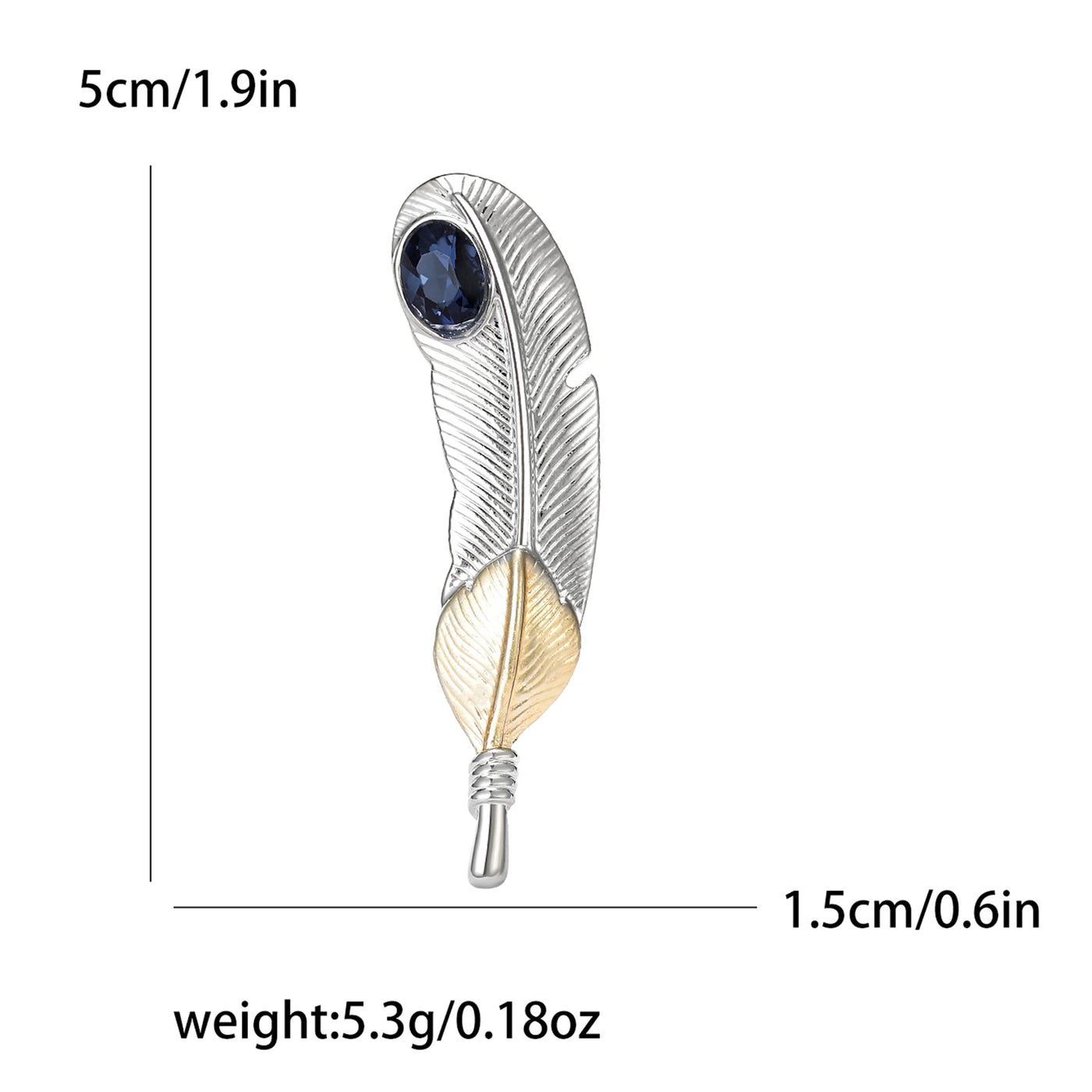 Feather-shaped brooch with blue gemstone and gold accents, shown with measurements and weight on a white background.