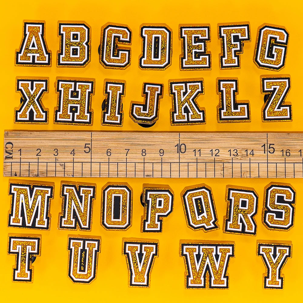 🔠 Gold Glitter Alphabet Shoe Charms (26pc A–Z) — Letters for Clogs & Bags