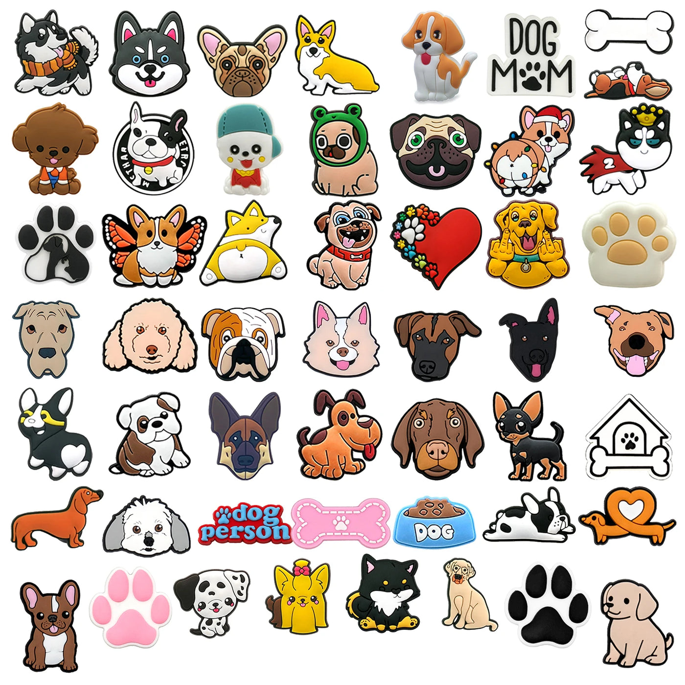Collection of various dog-themed shoe charms on a white background