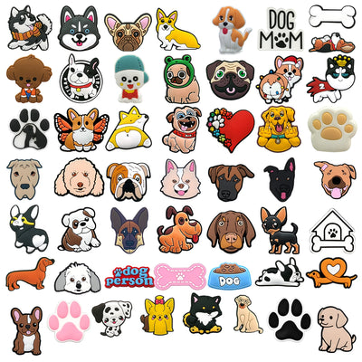 Collection of various dog-themed shoe charms on a white background