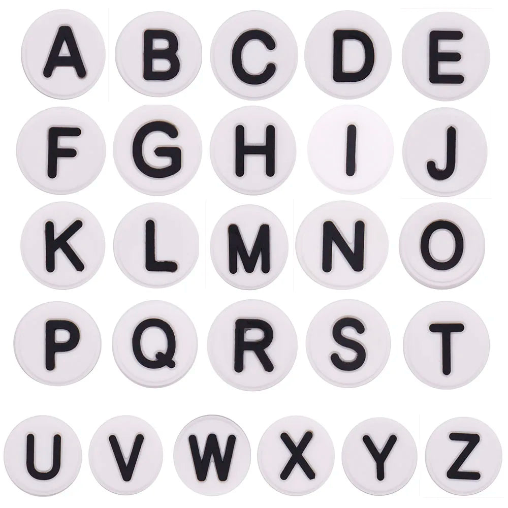 shoe charms Alphabet letters from A to Z on white round tiles with black text