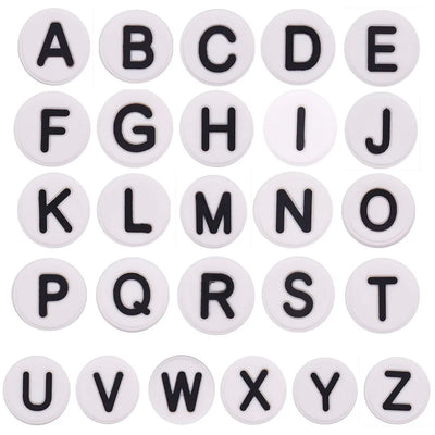shoe charms Alphabet letters from A to Z on white round tiles with black text