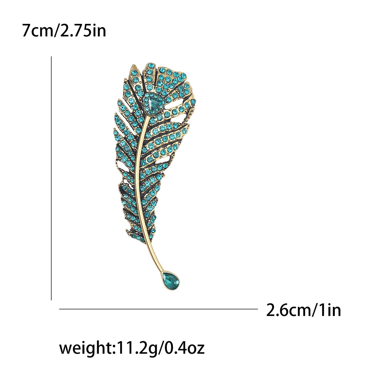 Feather-shaped brooch with turquoise stones and gold accents, shown with measurements and weight on a white background.