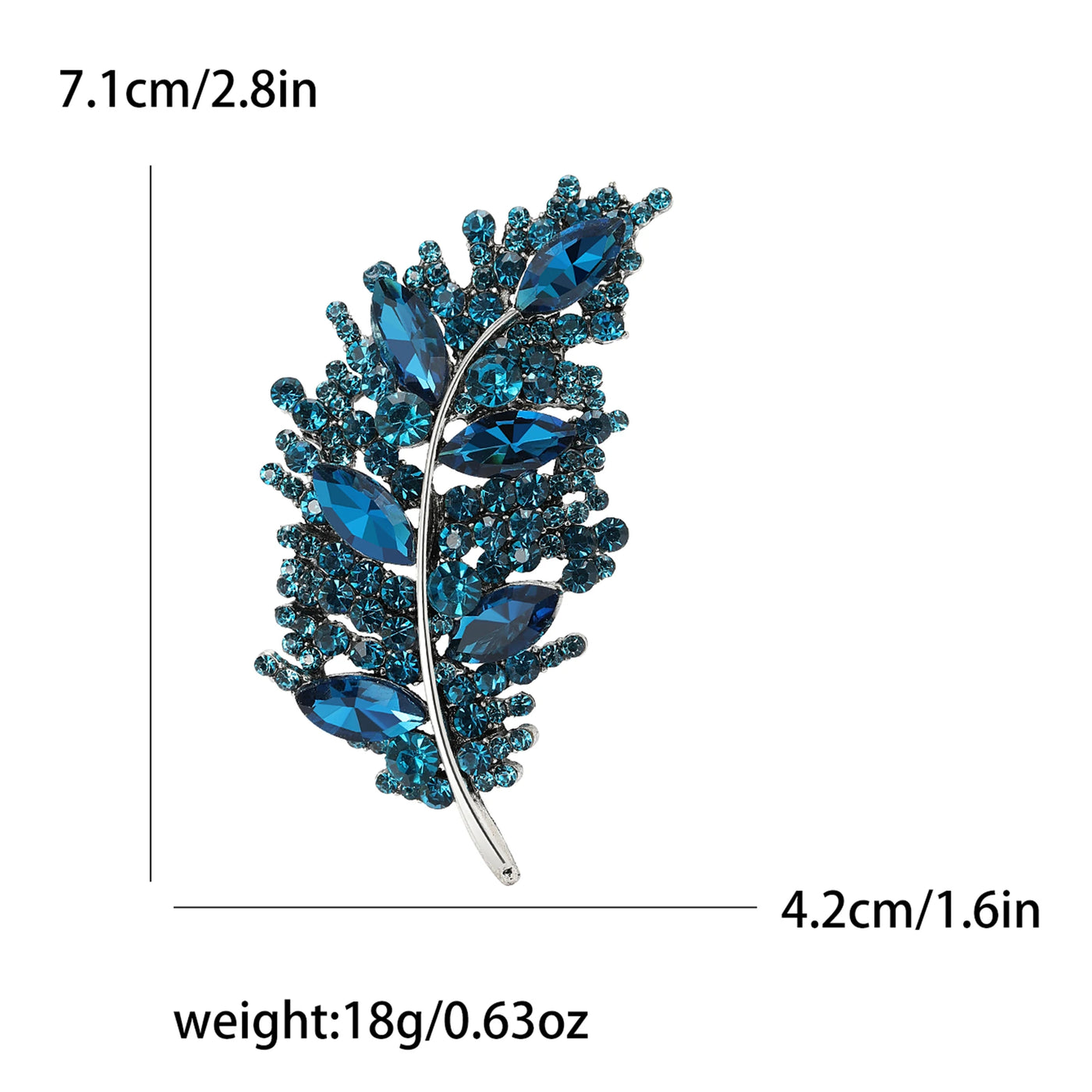 Blue leaf-shaped brooch with measurements and weight displayed