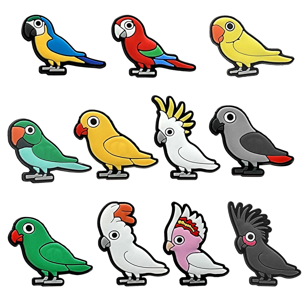 Set of colorful parrot shoe charms on a white background