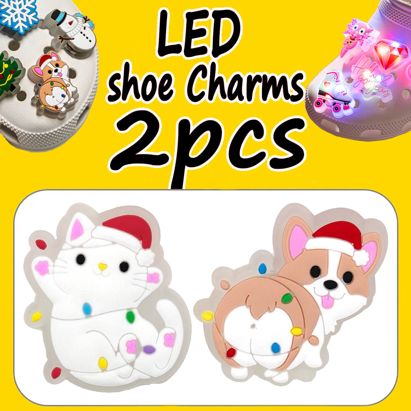 LED shoe charms with Christmas-themed designs on a yellow background