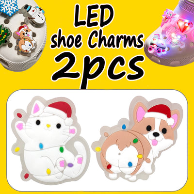 LED shoe charms with Christmas-themed designs on a yellow background