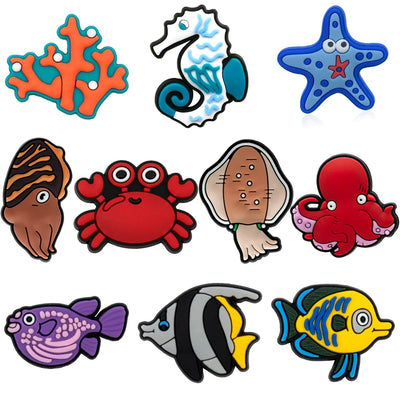 Set of colorful sea creature shoe charms on a white background