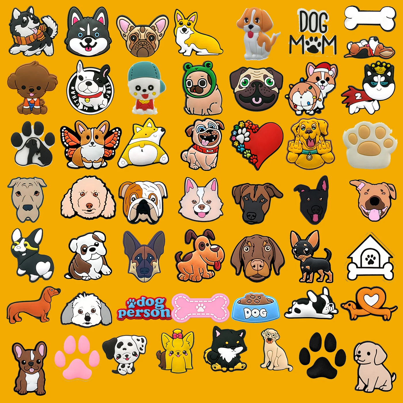 Collection of various dog shoe charms on a yellow background