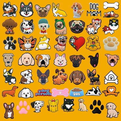 Collection of various dog shoe charms on a yellow background