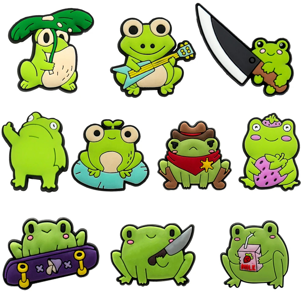 shoe charms Set of cartoon frogs in various poses on a white background