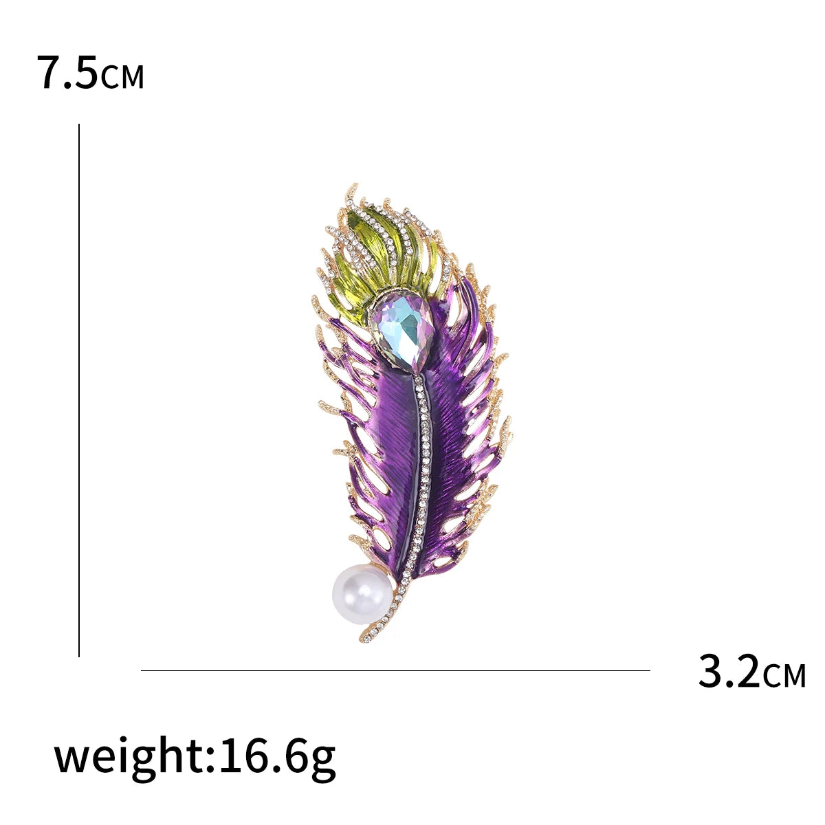 Colorful feather-shaped brooch in purple with measurements and weight on a white background