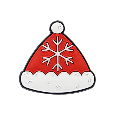 Shoe charm ornament of Red Santa hat-shaped keychain with a white snowflake design on a white background