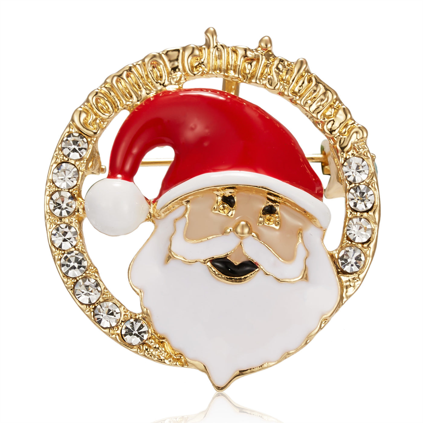 Decorative brooch with a Santa Claus design on a white background