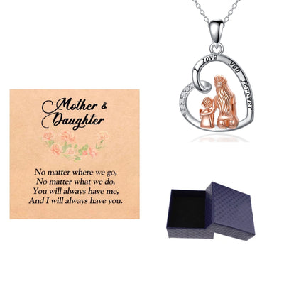 Heart-shaped necklace with 'Mother & Daughter' message card and gift box on a white background
