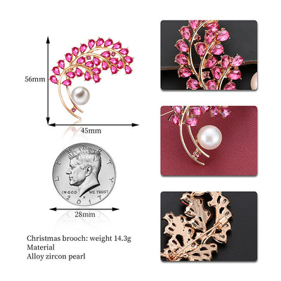 Pink floral brooch with pearl center, shown with measurements and material details.