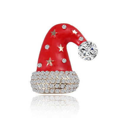 Red Santa hat brooch with crystals and stars on a white background