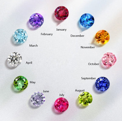 Collection of colorful gemstones corresponding to each month on a light background