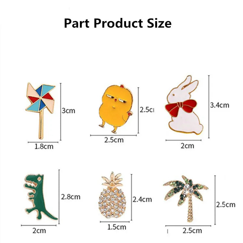 Illustrations of various enamel pins with their dimensions on a white background