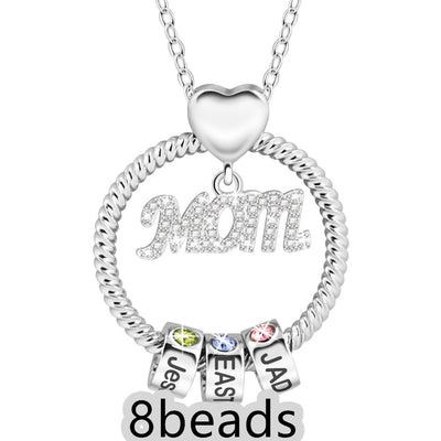 Silver necklace with 'Mom' pendant and name beads on a white background 8  beads