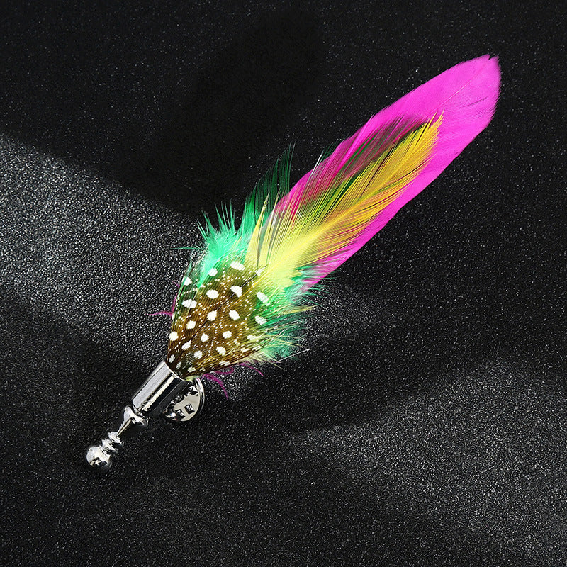 Colorful feathered cat toy on a black background