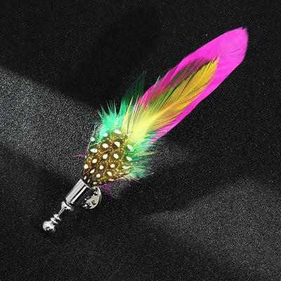 Colorful feathered cat toy on a black background