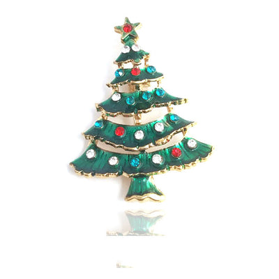 Christmas tree-shaped brooch with colorful gemstones on a white background