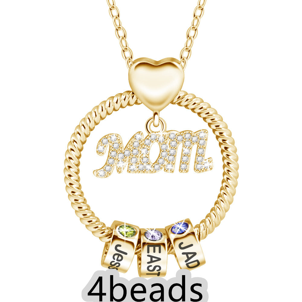 Gold necklace with 'Mom' pendant and three name bars on a white background 4 beads
