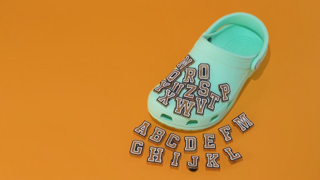 🔠 Gold Glitter Alphabet Shoe Charms (26pc A–Z) — Letters for Clogs & Bags